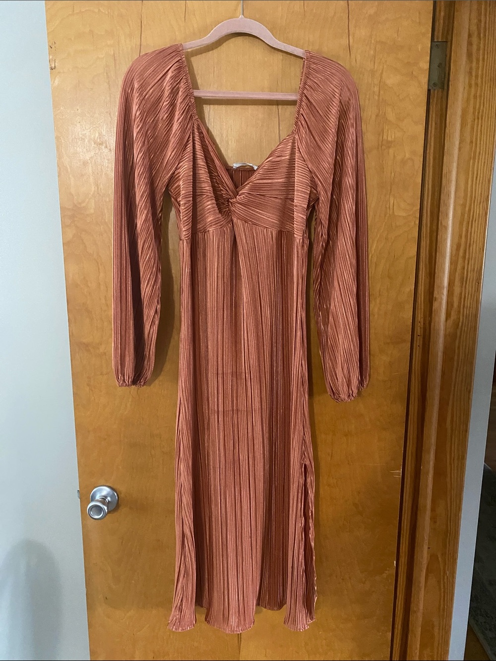 Lush Rust Pleated Long Sleeve Mid Dress